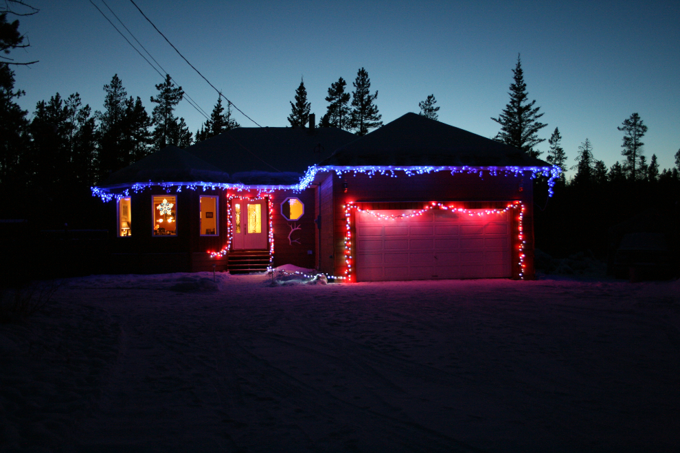 Christmas lights on our home at Whitehorse, Yukon
