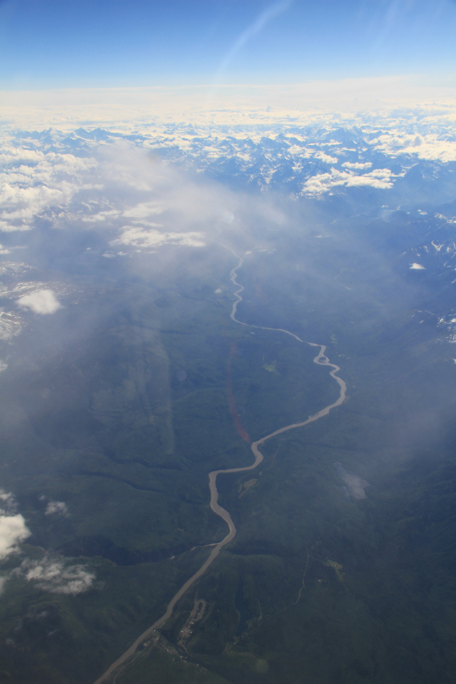 Aerial view of the Stikine River and the village of Telegraph Creek, BC