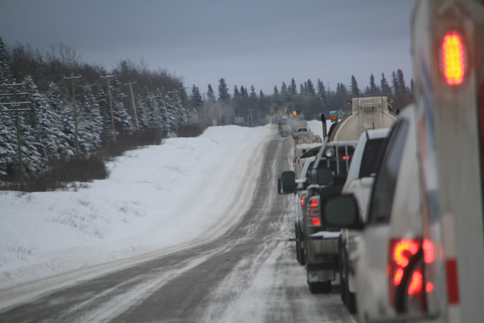 A winter traffic snarl on the Alaska Highway
