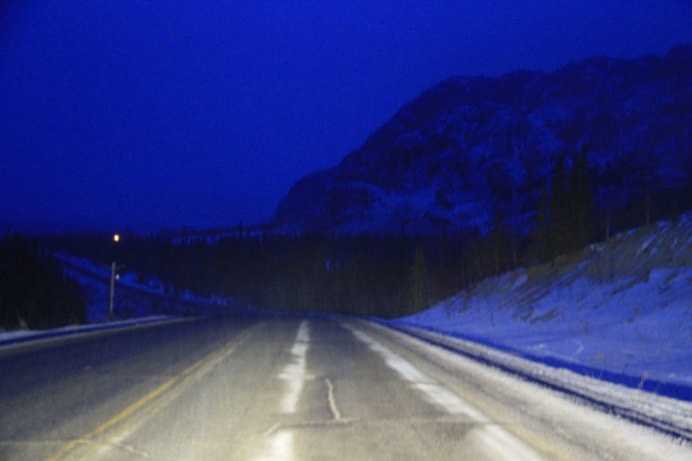 A snowy night on the North Klondike Highway in the Yukon