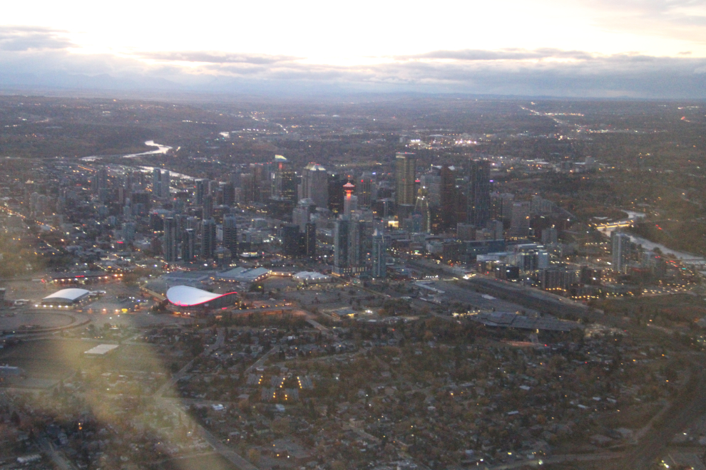 Aerial view of Calgary, Alberta, at night