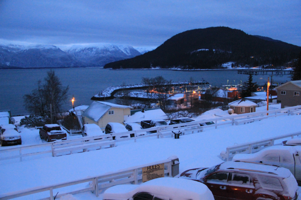 The winter view from the Captains Choice Motel in Haines, Alaska