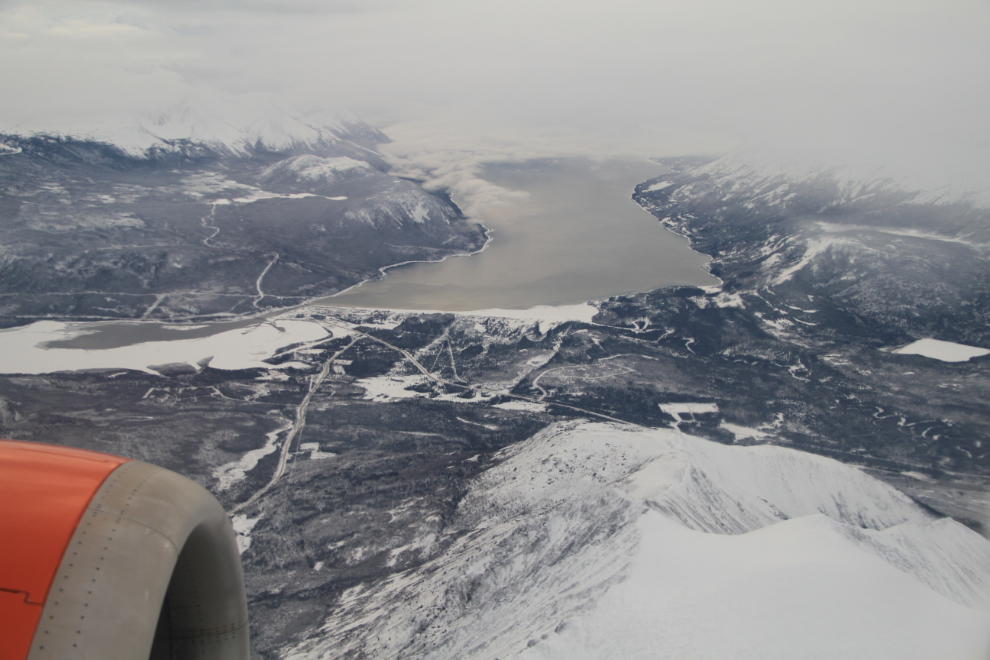 Aerial view of Carcross and Lake Bennett in December