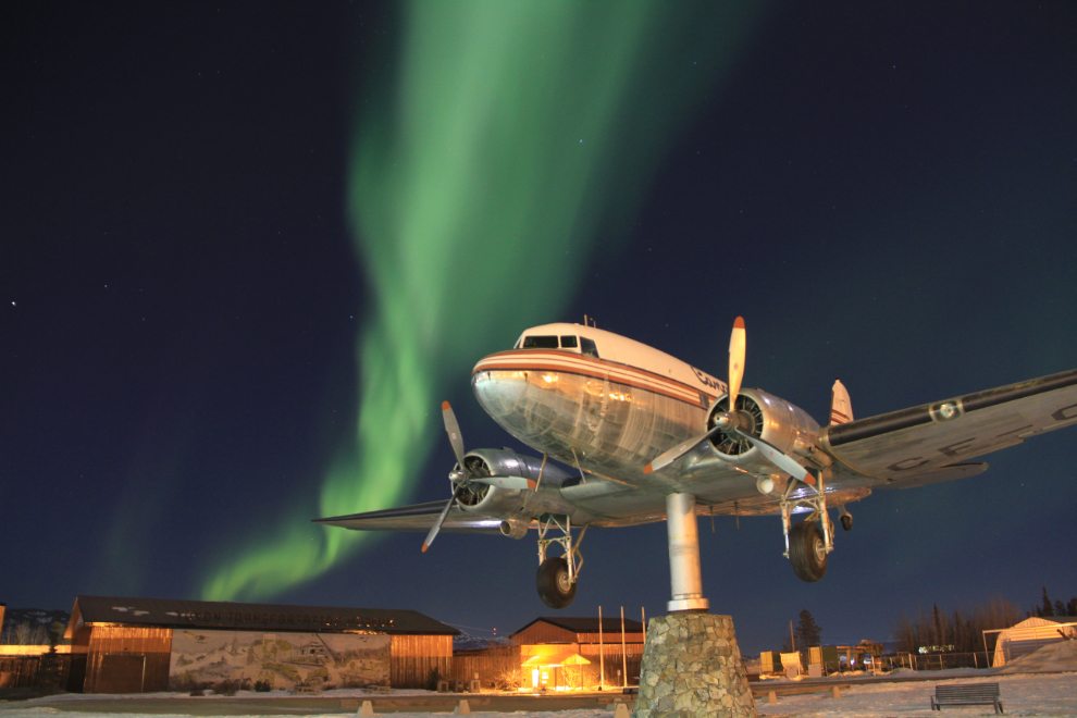 Aurora borealis over Douglas DC-3 CF-CPY at Whitehorse, Yukon