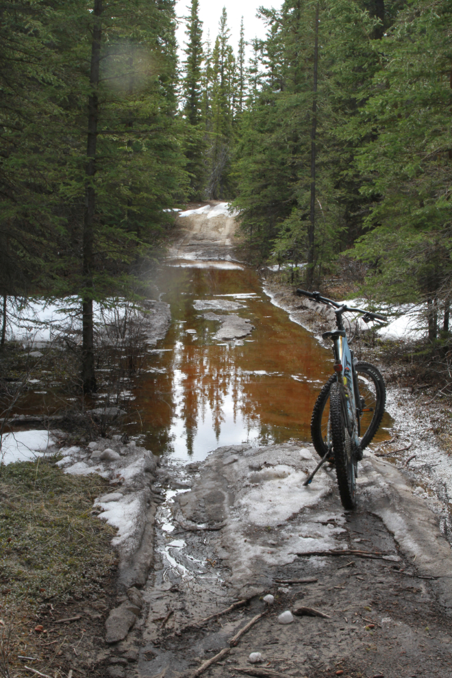 Snow, water, mud, and ice on my e-biking route at Whitehorse