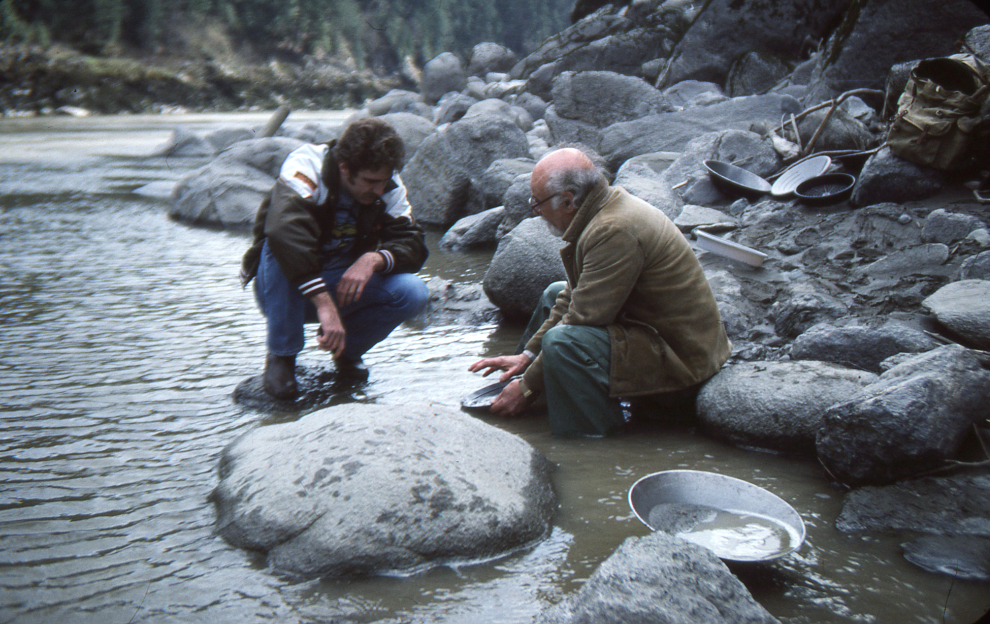 My father showing my brother-in-law how to pan for gold on the Fraser River at Spuzzum, BC