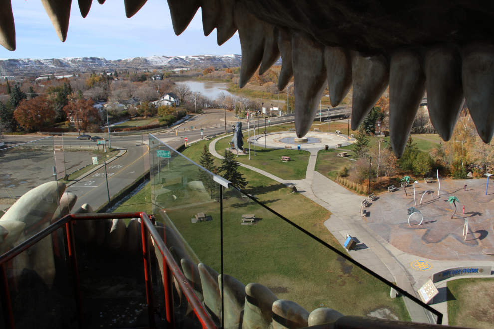 The view from the jaws of the World's Largest Dinosaur at Drumheller, Alberta
