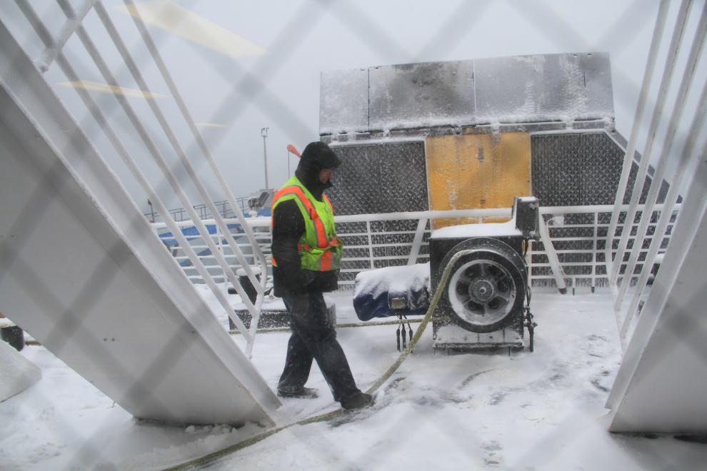 Crew member on an Alaska ferry during a winter storm