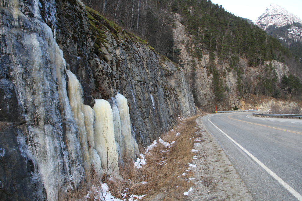 Frozen waterfall on the South Klondike Highway north of Skagway, Alaska