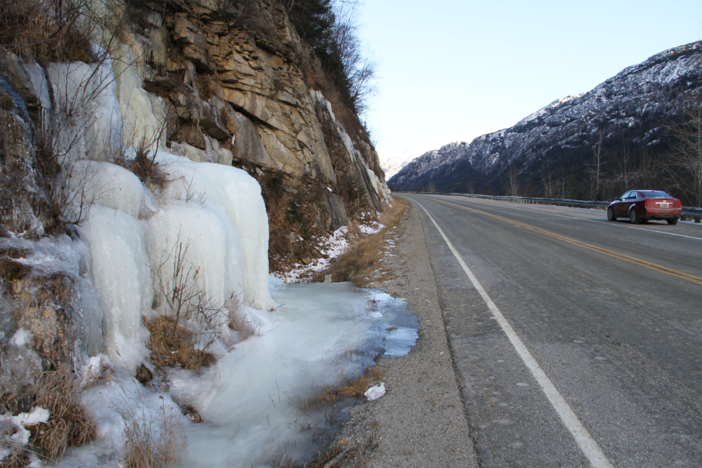 Frozen waterfall on the South Klondike Highway north of Skagway, Alaska