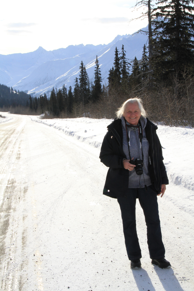 Hanne on the Haines Highway in the winter