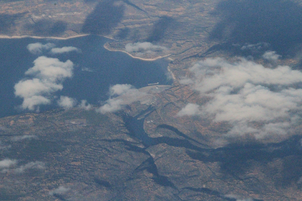 Aerial view of the huge W.A.C. Bennett dam