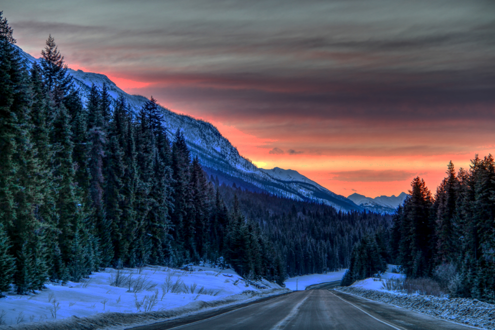 HDR image of dawn on Highway 16 east of Mount Robson, BC