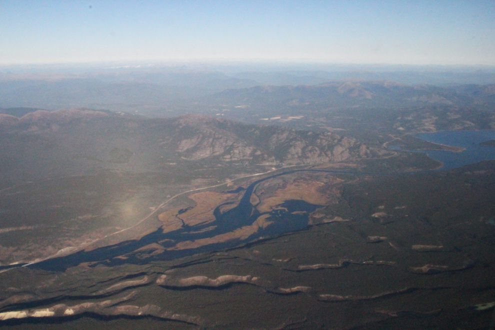 Aerial view of the Alaska Highway and Yukon River west of Marsh Lake