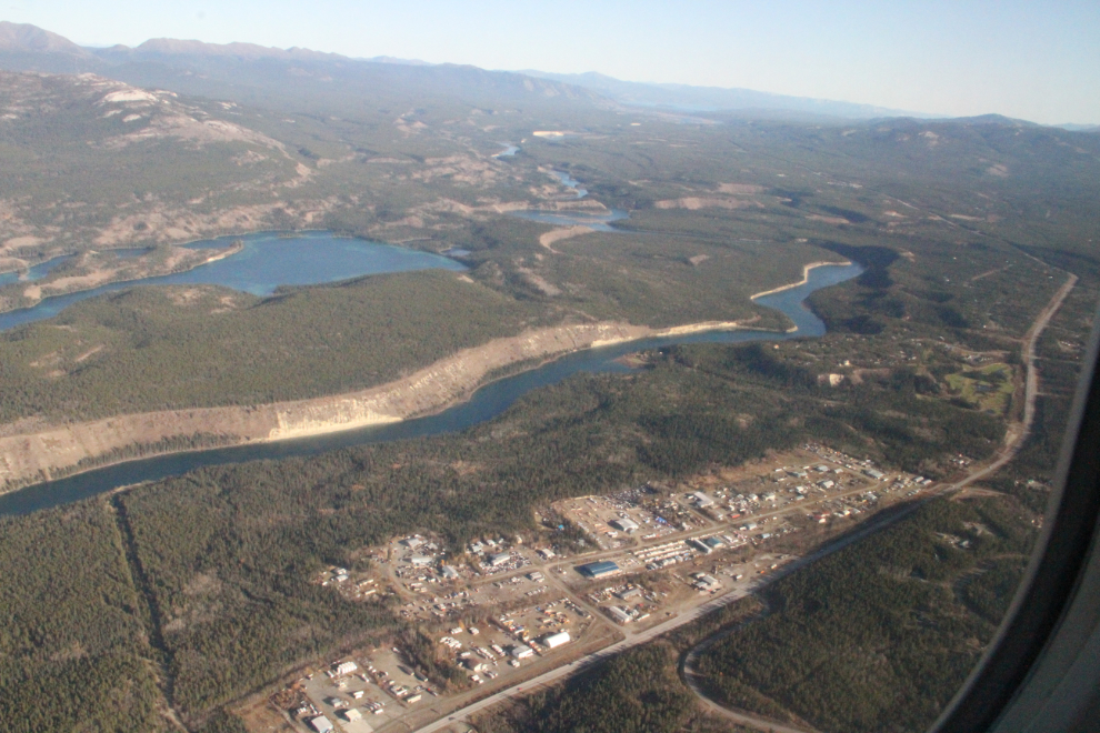 Whitehorse aerial - the Alaska Highway, the Macrae industrial area, the Yukon River, and Chadburn Lake.
