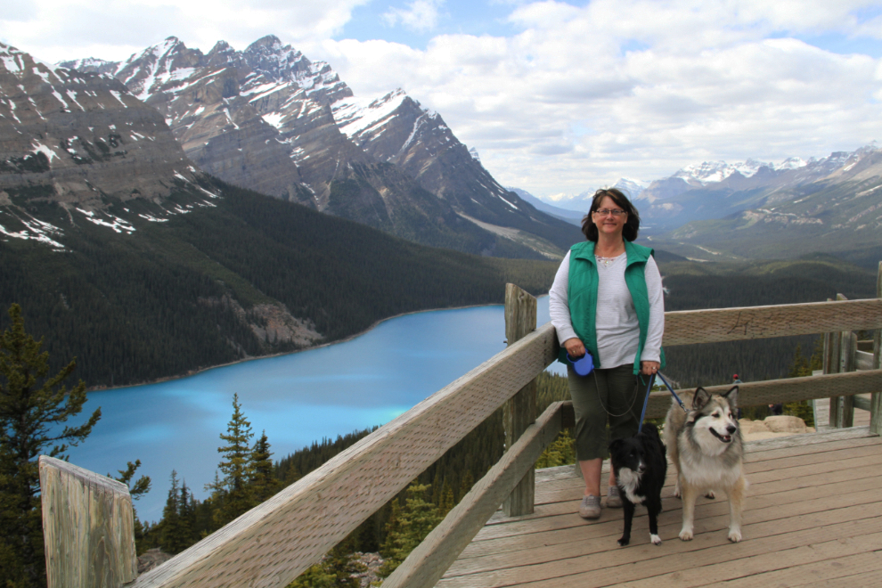 Cathy and the fur-kids at Peyton Lake in the Rockies