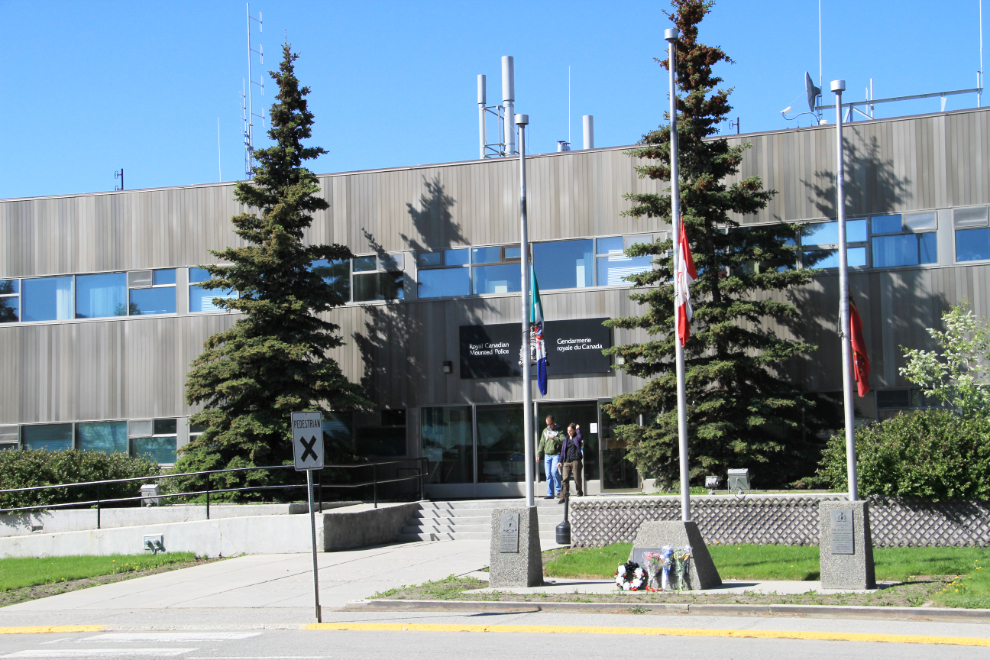 Flags at half-mast at RCMP M Division headquarters in Whitehorse, Yukon