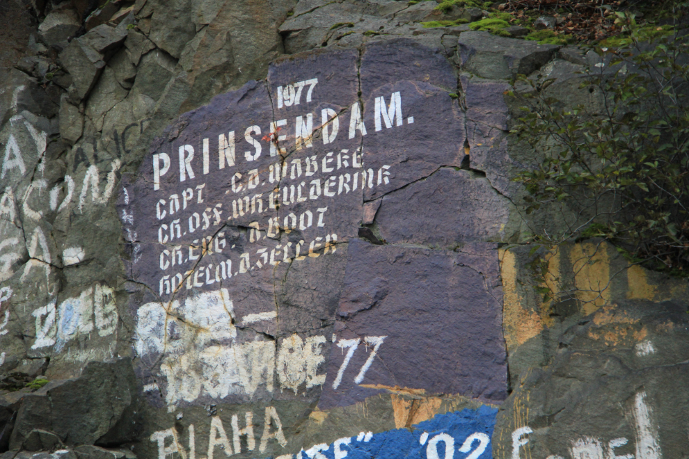 Prinsendam signature on the rock wall at Skagway, Alaska