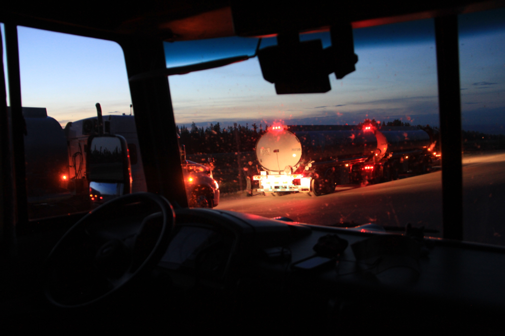 Trucks at a brake check stop along the Alaska Highway