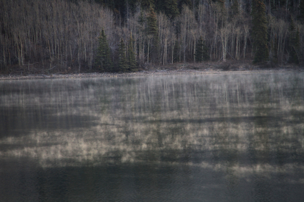 Morning mist on dead-calm Windy Arm, Yukon