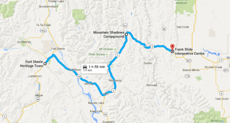 Map - Fort Steele, BC to Frank Slide Interpretive Centre, Alberta