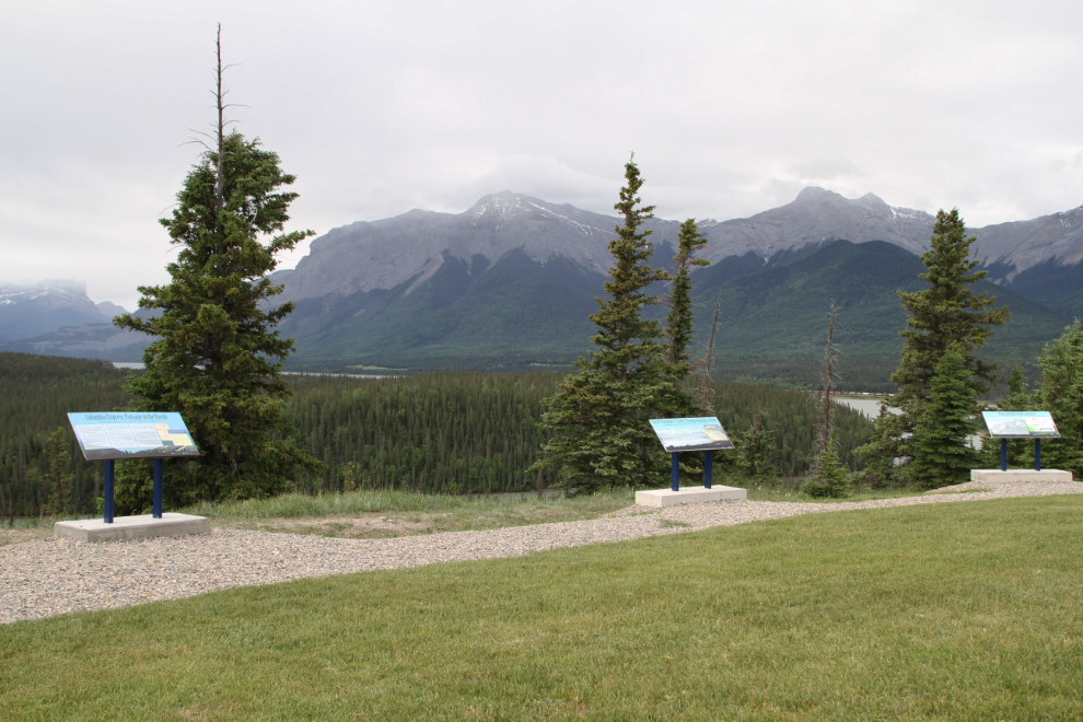 A viewpoint overlooking the Athabasca River, with interpretive panels about historic trade routes through the valley.
