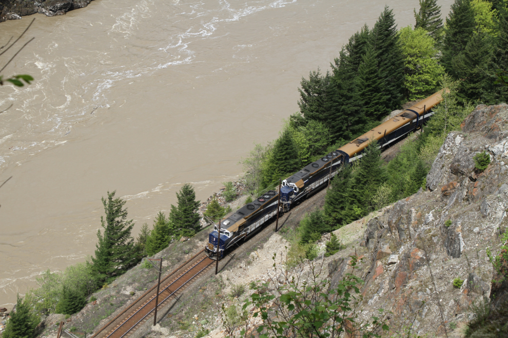 Rocky Mountaineer train going by in the Fraser Canyon