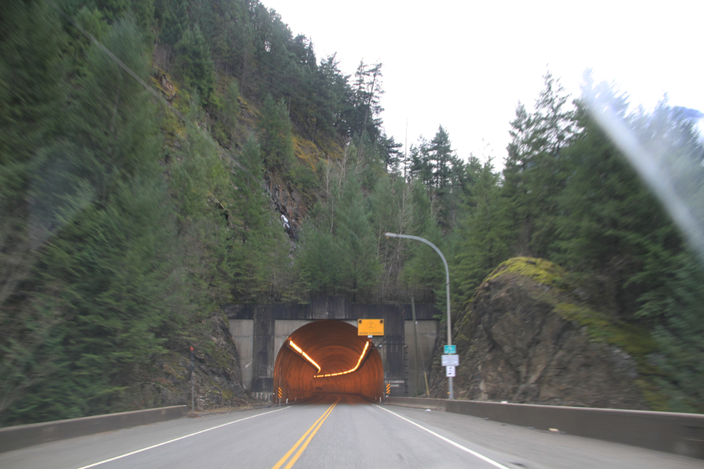 Approaching the Alexandra tunnel, which is curved and has cyclist-activated warning lights. Fraser Canyon, BC
