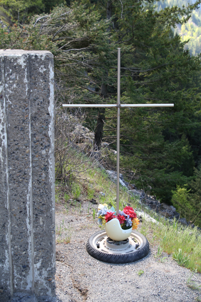 Memorial cross for a motorcyclist killed in the Fraser Canyon