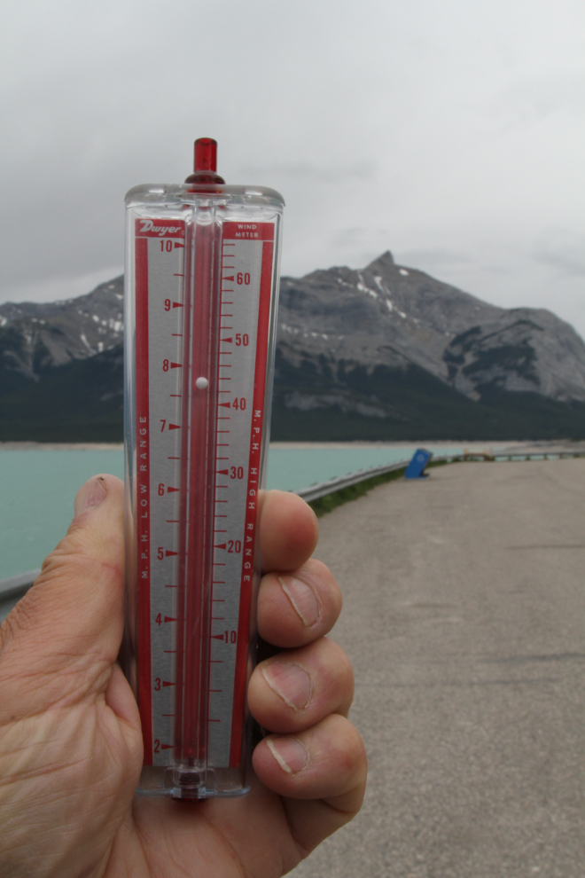 Wind meter showing 44 mph (71 km/h) gust at Abraham Lake, Alberta Highway 11