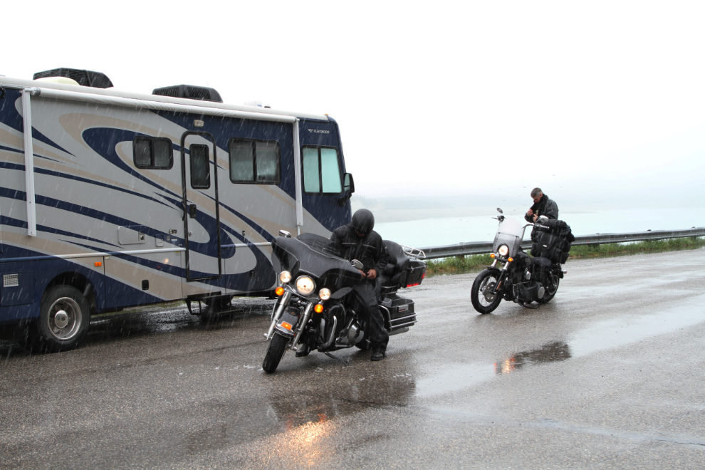 Harley riders on a snowy day on Alberta Highway 11