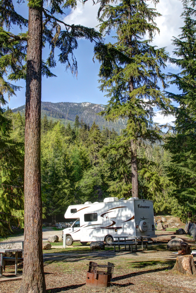 RV at the campground at Nakusp Hot Springs, BC