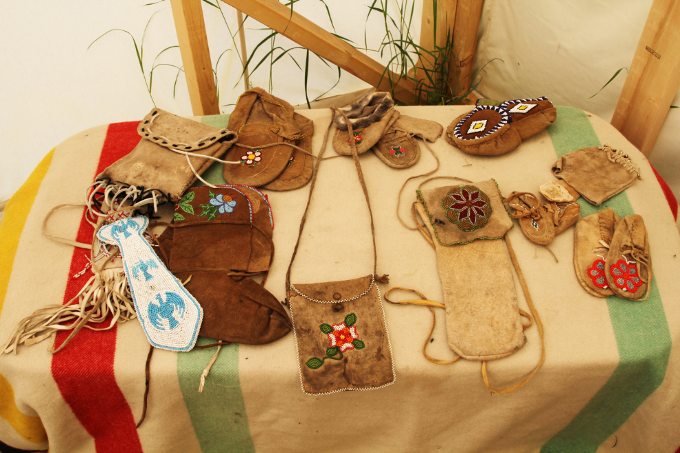 Historic beaded leather items at Rocky Mountain House National Historic Site, Alberta