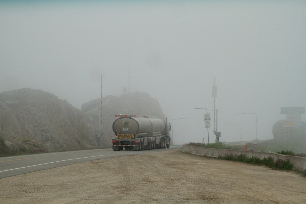 Hauling fuel on a foggy morning in the White Pass