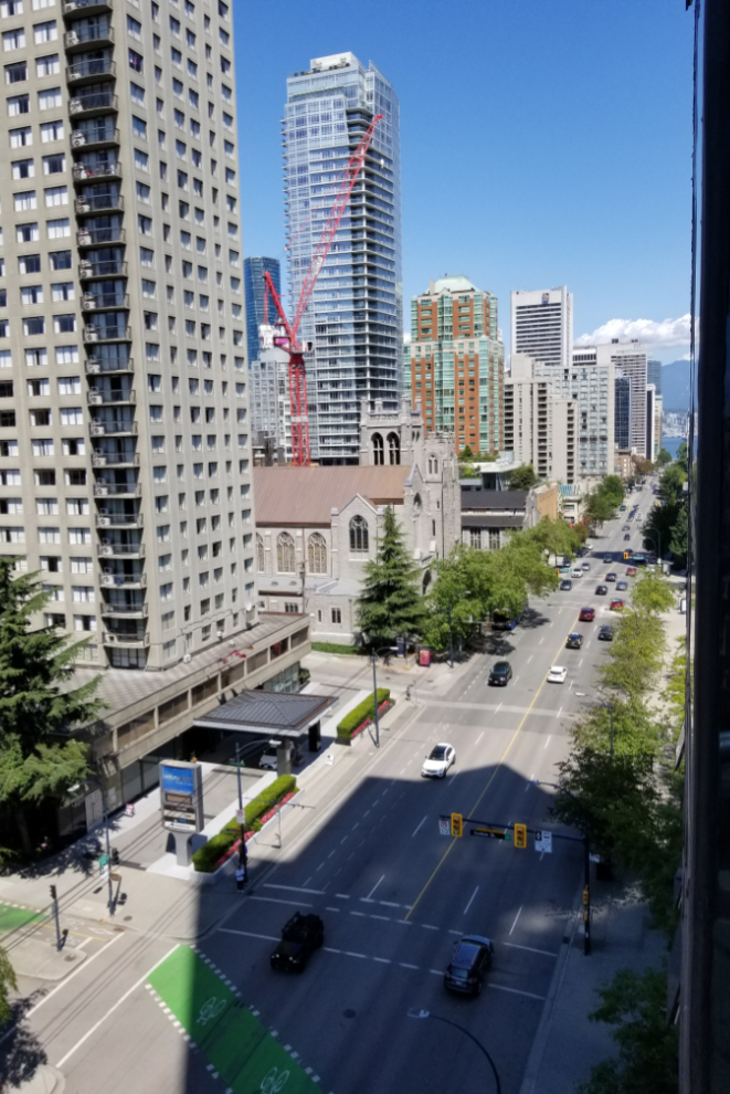The view down Burrard Street from the balcony of our room at the Sheraton Wall Centre hotel in Vancouver, BC
