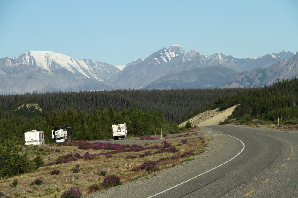 RVs in a pullout along the Alaska Highway in Kluane Country