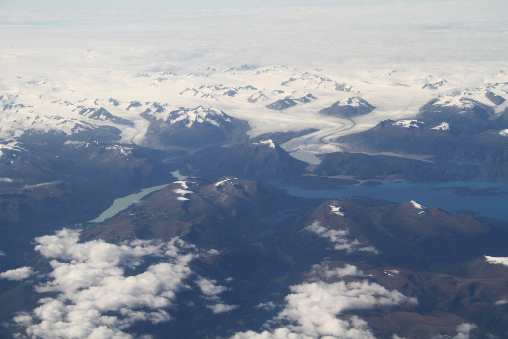 Aerial view of Atlin Lake and the Llewelyn Glacier, BC
