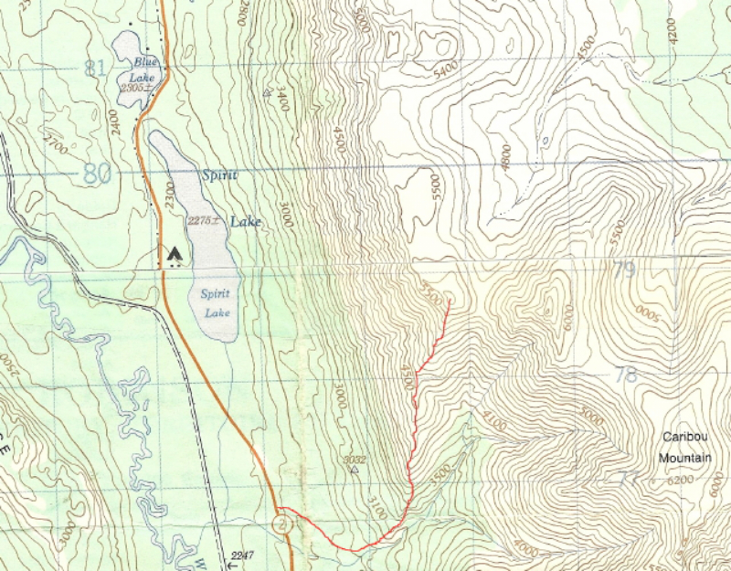 Topographical map of the Caribou Mountain trail, Yukon