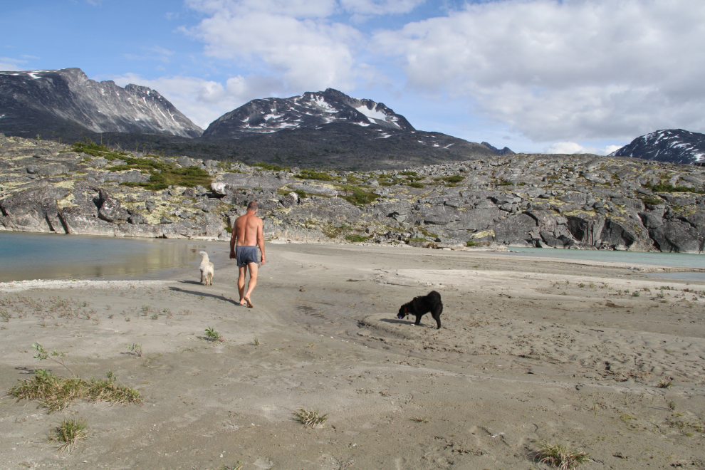 Playing with the dogs on the beach at Summit Lake, BC