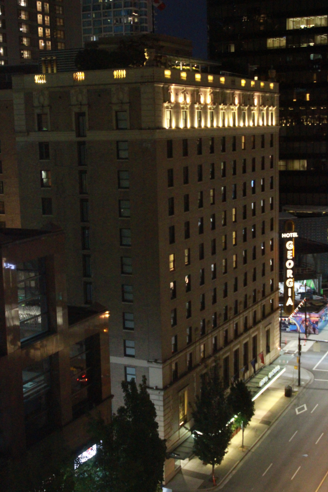 The Hotel Georgia in Vancouver, BC, at night