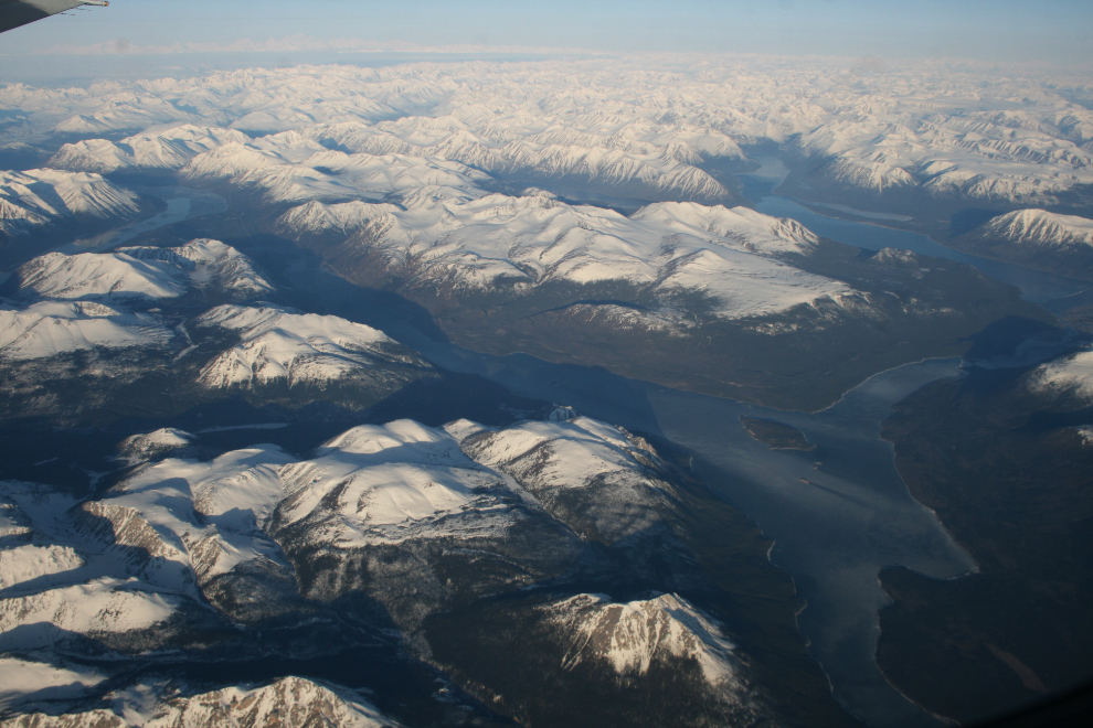 Aerial view of Tagish Lake, Yukon, and Tutshi Lake, BC