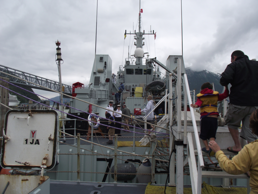 Boarding HMCS Whitehorse at Skagway, Alaska
