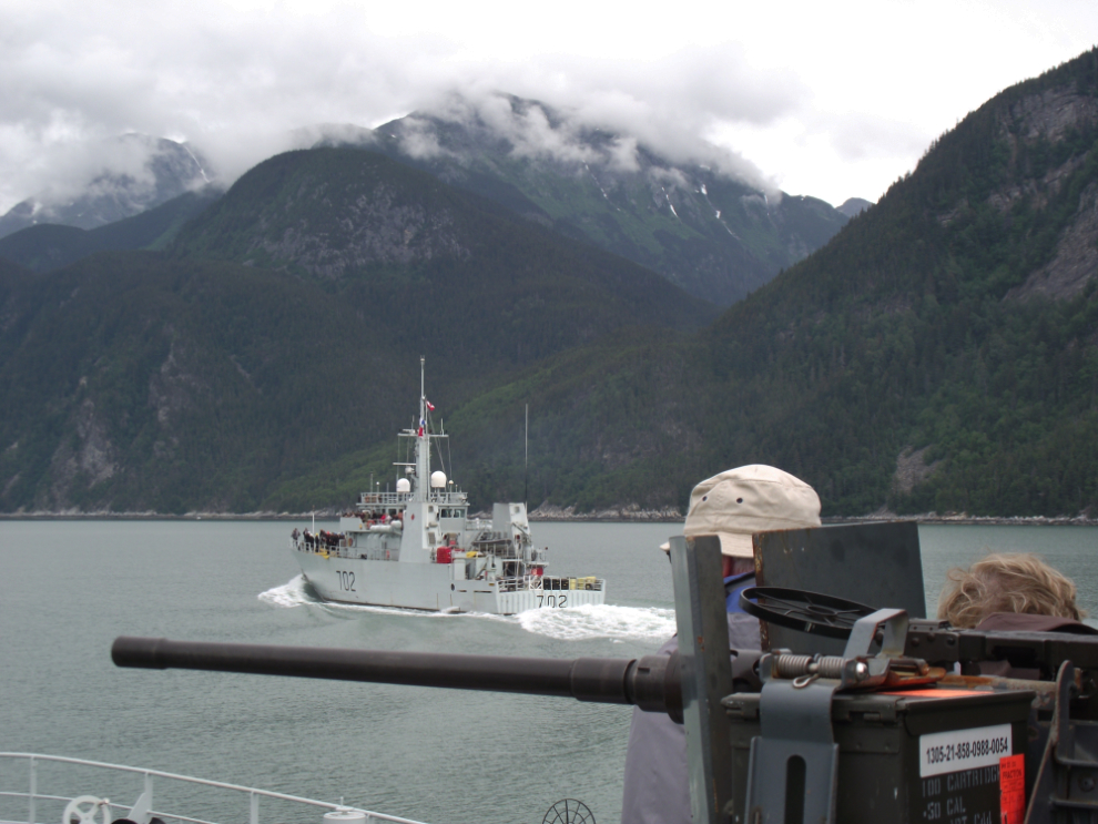 Sailing back towards Skagway in formation on HMCS Whitehorse, with HMCS Nanaimo to starboard.