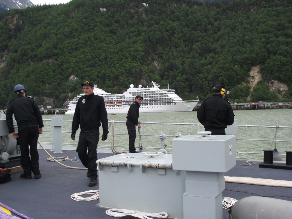 Preparing to dock HMCS Whitehorse at Skagway, Alaska