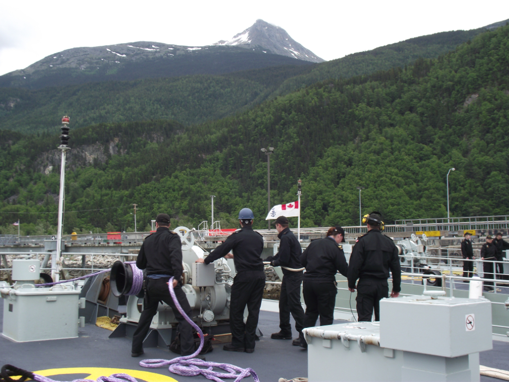 Preparing to dock HMCS Whitehorse at Skagway, Alaska
