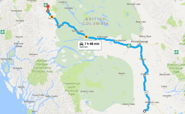 Map from Farwell Canyon to Smithers, BC 
