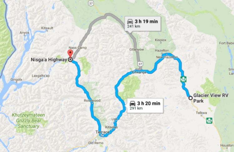 Map from Smithers to Nisga'a Park