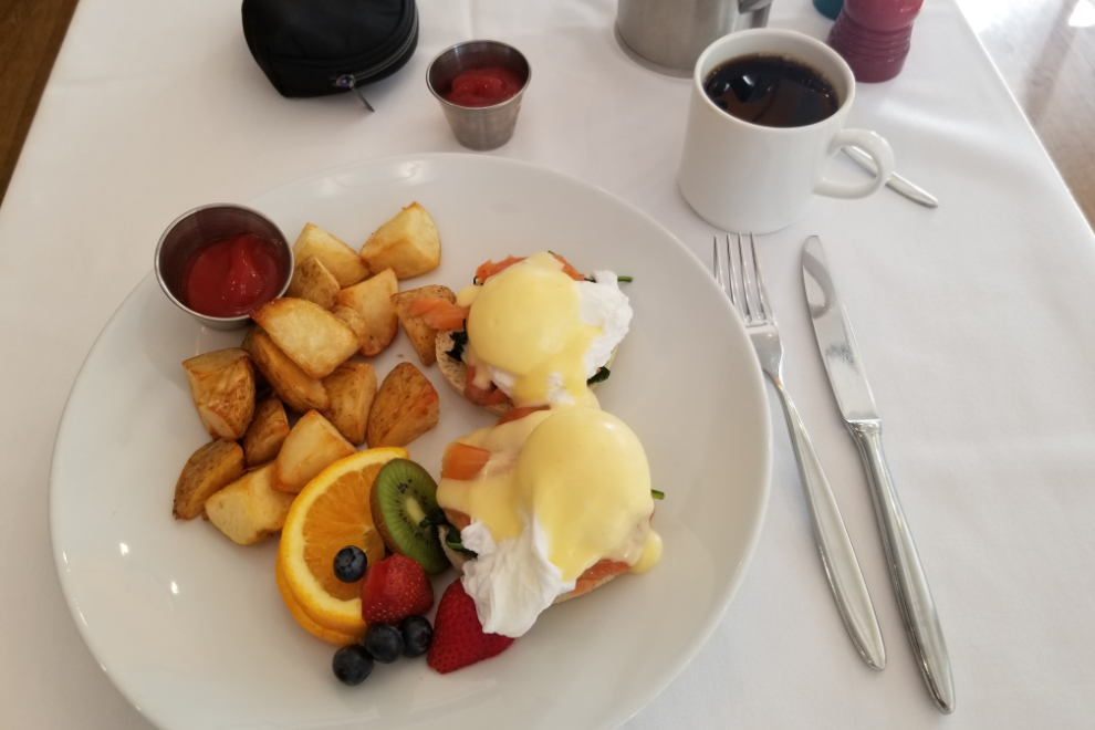 West Coast Benedict,  eggs bennie with smoked salmon, at Cafe 1 in Vancouver, BC