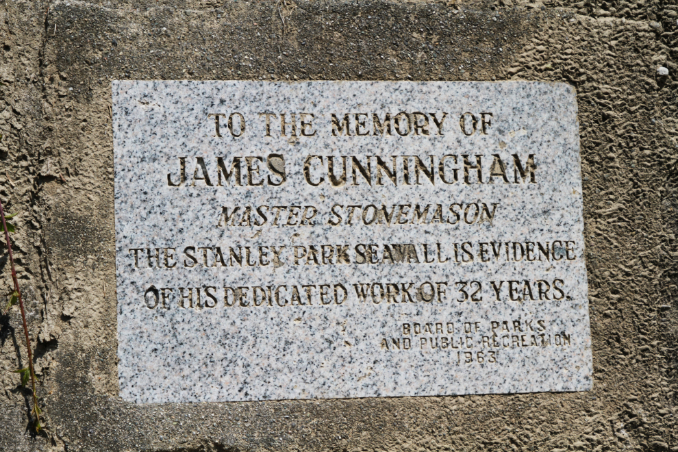 A plaque commemorating master stone mason James Cunningham's 32 years of work on the Seawall
