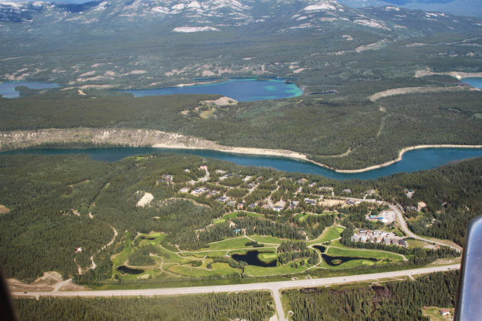 Aerial view of the Meadow Lakes golf course and Fox Haven subdivision. Chadburn Lake is above the Yukon River.